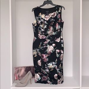 Women’s chic black dress, silver metallic floral